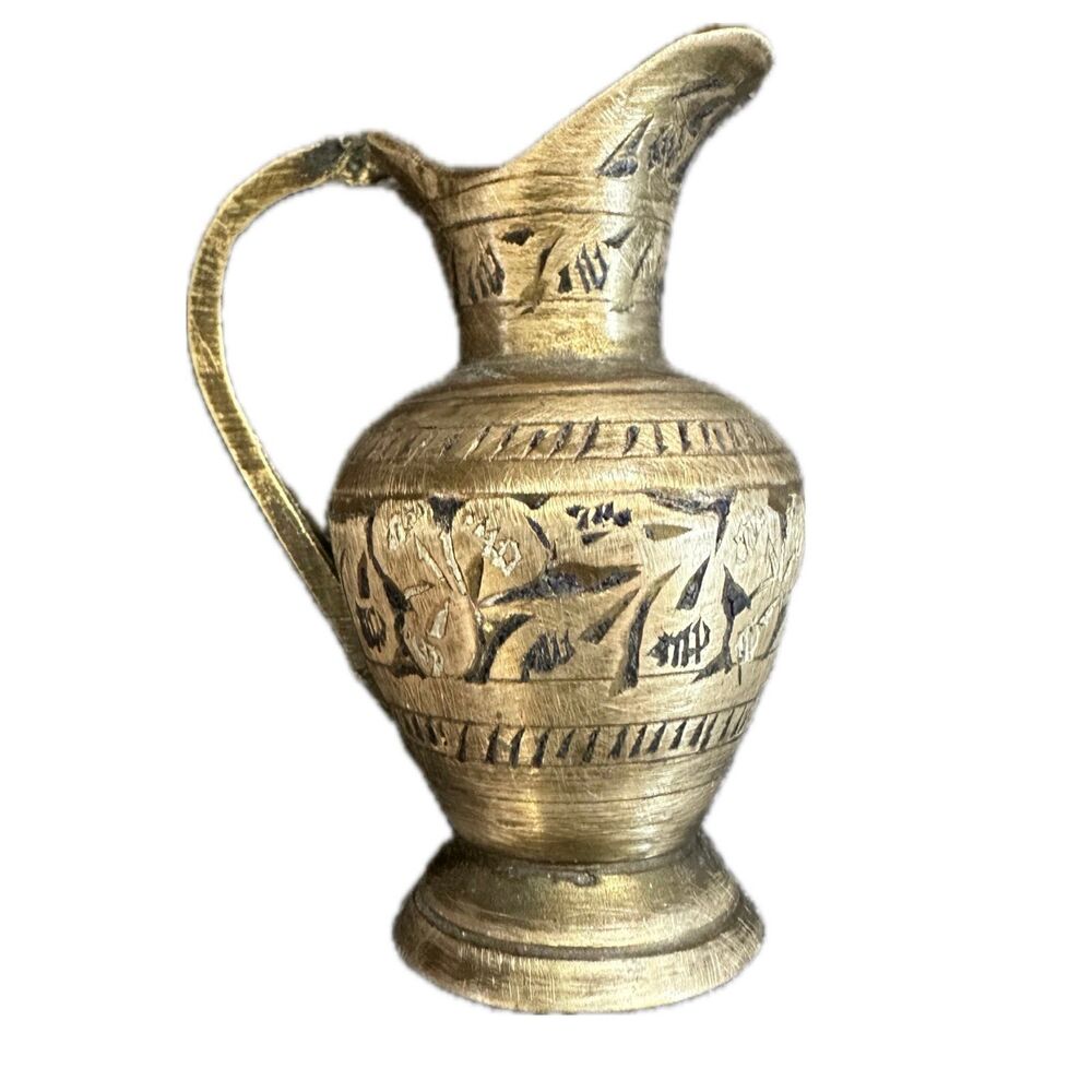 Vintage Collectable Rustic Etched Brass Mini Pitcher Aged Patina Tarnished Charm